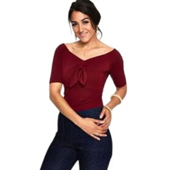 2/$30 Voodoo Vixen Small Burgundy Bow Front V Neckline Top With 3/4 Sleeves NWT - Picture 3 of 16
